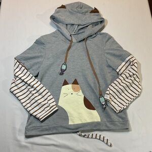 Earth Music‎ & Ecology Kawaii Cat Gray Light Weight Hoodie Detachable Tail